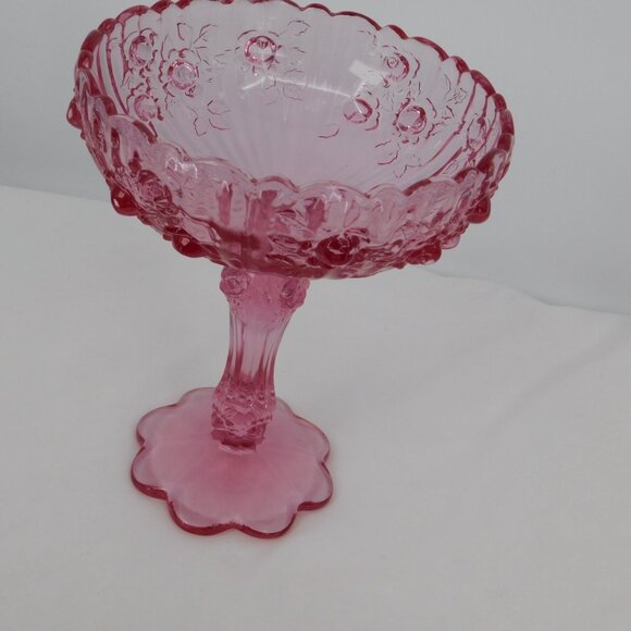 Fenton Rose Colonial Pink Round Compote Pressed Glass 7.5" tall Stem VINTAGE - Picture 11 of 12